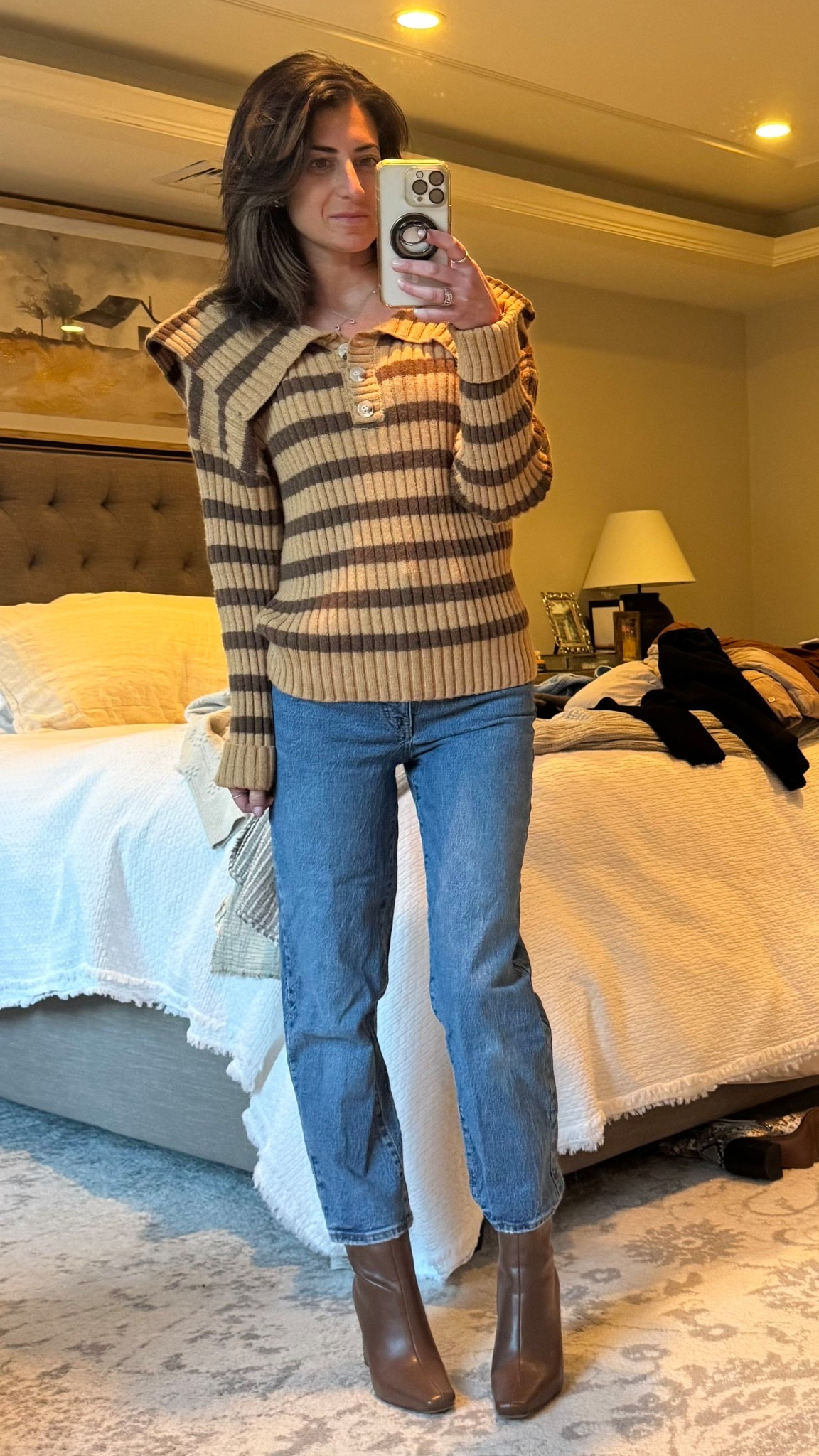 Barrel leg jeans brown striped oversized collar 3 quarter button up sweater brown boots 

#LTKmomlife #LTKPetite #LTKHoliday