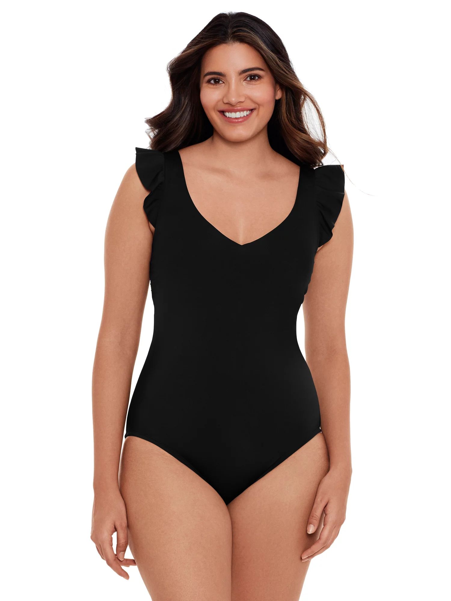 Time and Tru Women's and Women’s Plus Size Solid Black Ruffle Strap One Piece Swimsuit | Walmart (US)