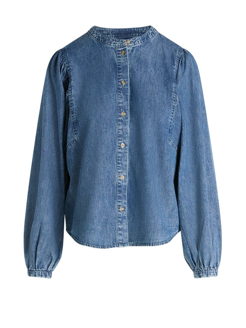Scoop Women's Cotton Denim Shirt with Blouson Sleeves, Sizes XS-XXL - Walmart.com | Walmart (US)