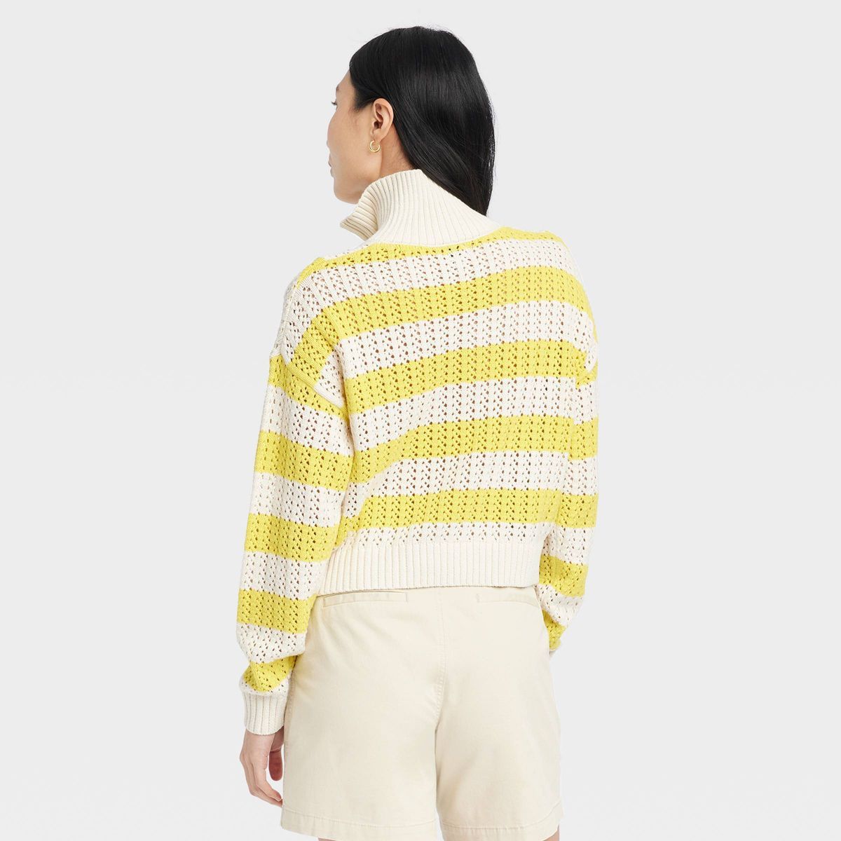 Women's Quarter Zip Mock Turtleneck Pullover Sweater - A New Day™ Yellow/White Striped L | Target