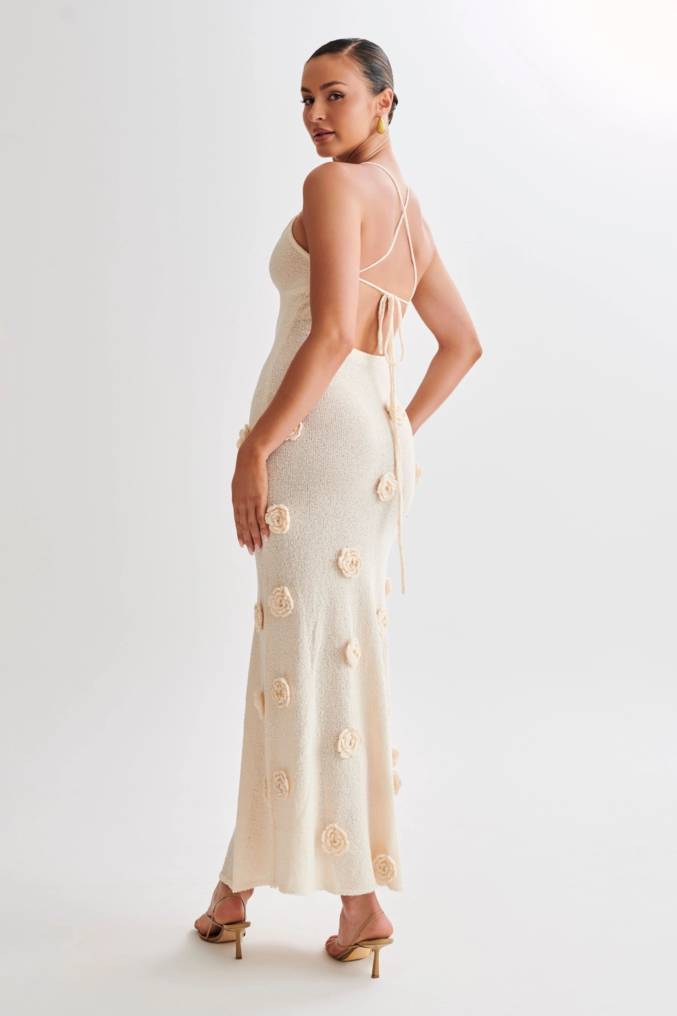 Suki Crochet Maxi Dress With Flowers - Nude | MESHKI US