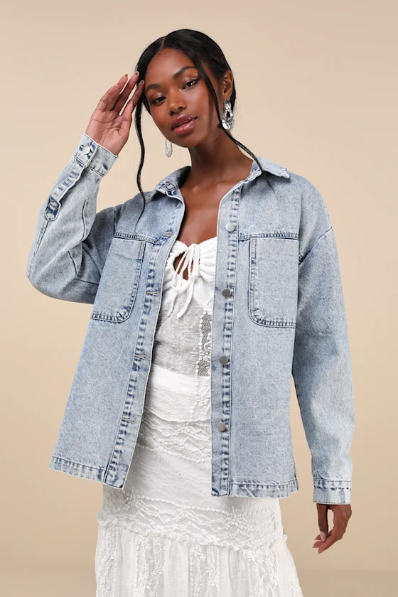 Chill Charm Light Wash Denim Button-Up Shacket | Lulus