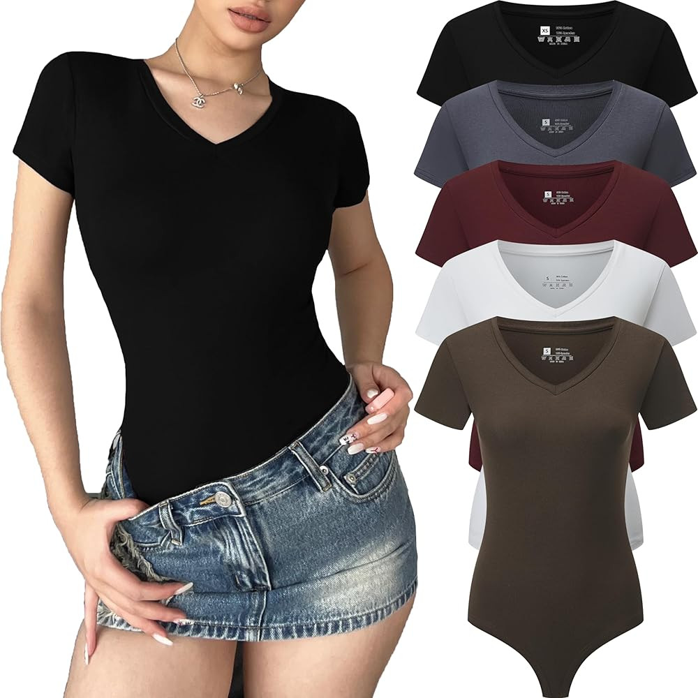 FMNNNN 5 Piece Body Suits for Womens Short Sleeve V Neck Casual Stretchy Basic T Shirt Bodysuit S... | Amazon (US)