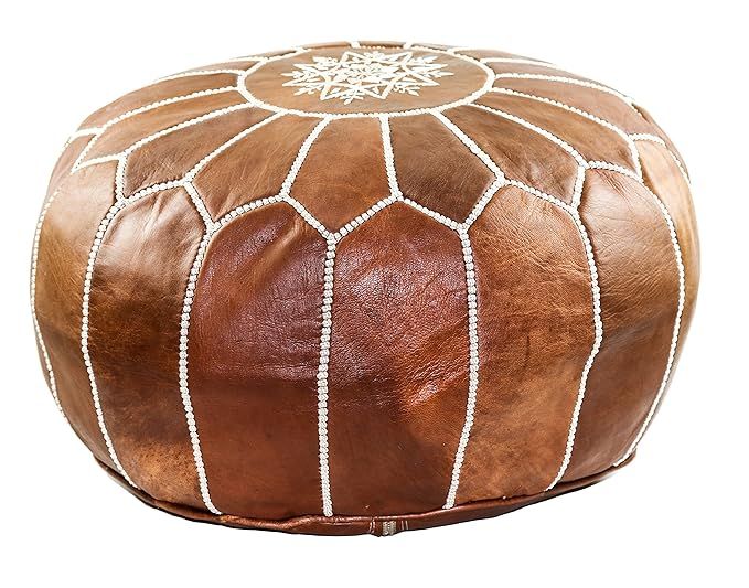 GRAN Handmade Leather Moroccan Pouf Footstool Ottoman | Brown Genuine Leather with Hand Embroider... | Amazon (US)