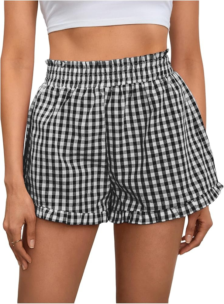 MakeMeChic Women's Gingham Ruffle Lounge Shorts Elastic High Waist Pajamas Boxer Shorts | Amazon (US)