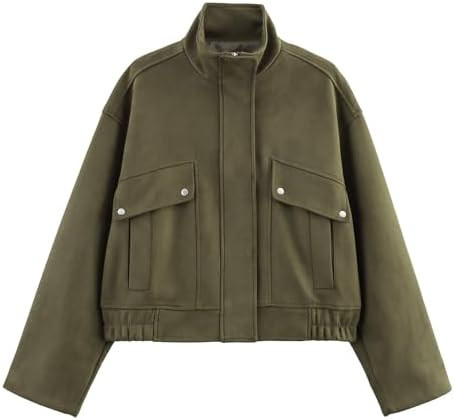 Womens Suede Bomber Jacket High Neck Casual Cropped Jackets Long Sleeve Zipper Streetwear Outerwe... | Amazon (US)