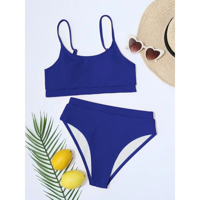 Hotian Women High Waisted Ribbed Cami Bikini Set Bathing Suit Royal-Blue XL | Walmart (US)