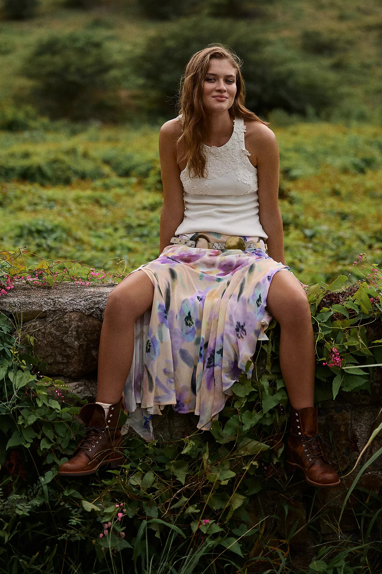 By Anthropologie Asymmetrical Painterly Floral Midi Skirt | Anthropologie (US)