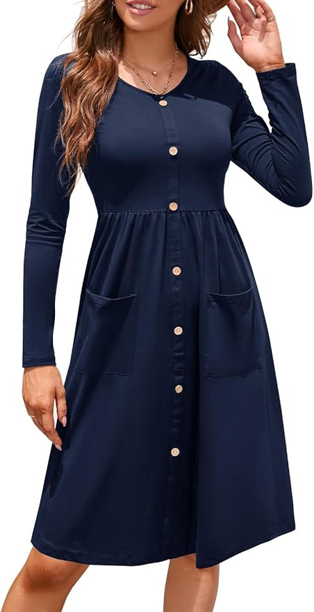 OUGES Women's V Neck Button Down Skater Dress with Pockets | Amazon (US)