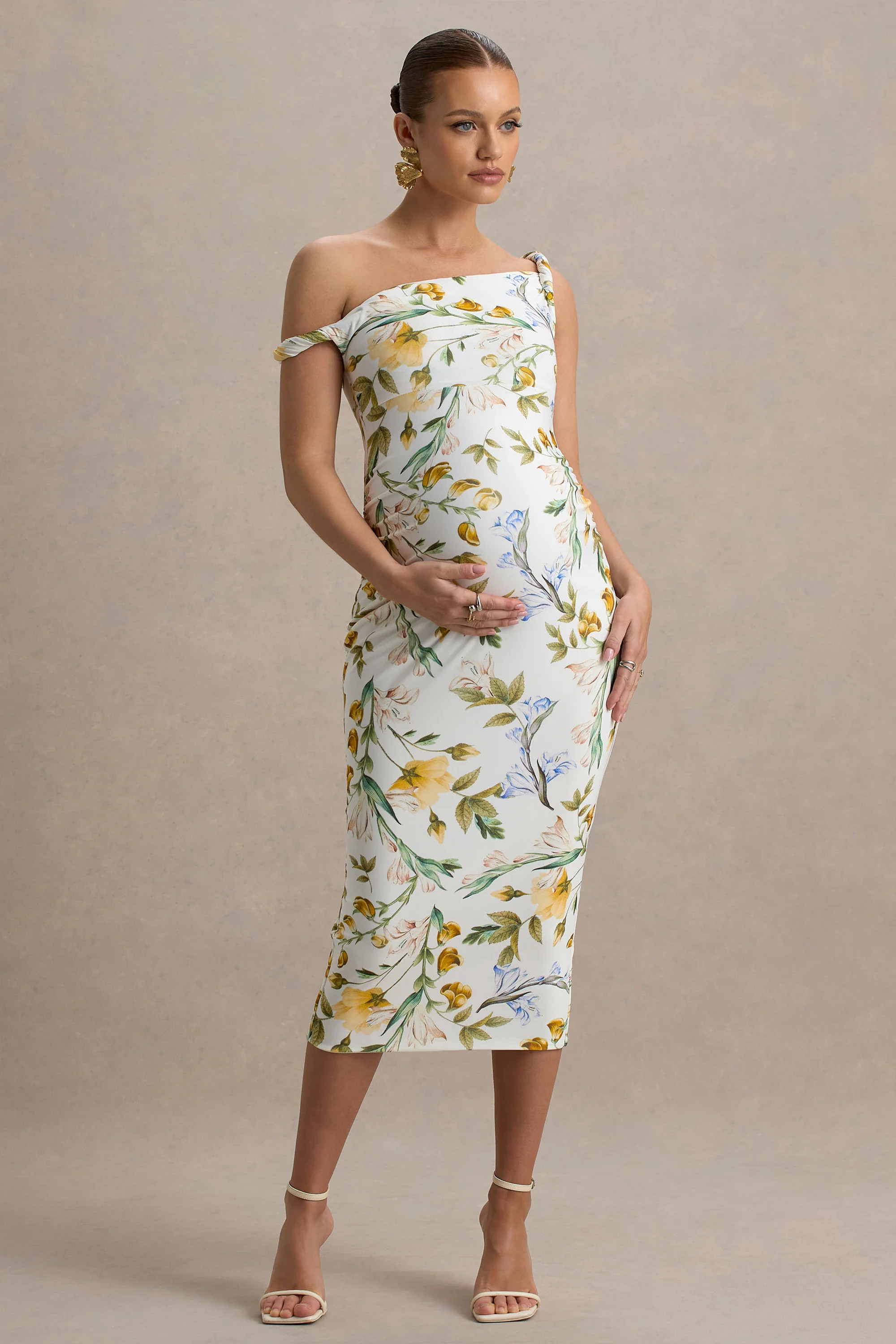 Salome  White Botanical Floral Print Twisted Asymmetric Maternity Midi Dress | Club L London