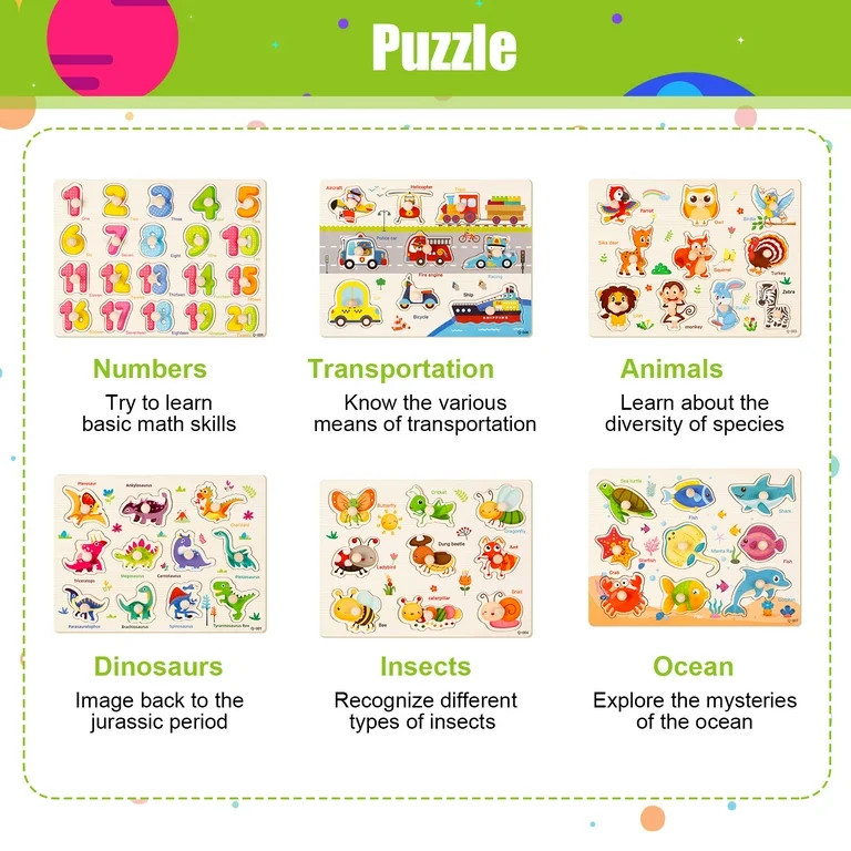 Armscye 6 Pack Wooden Peg Puzzles for Toddlers, 11.81 x 8.86 inch Preschool Educational Learning ... | Walmart (US)
