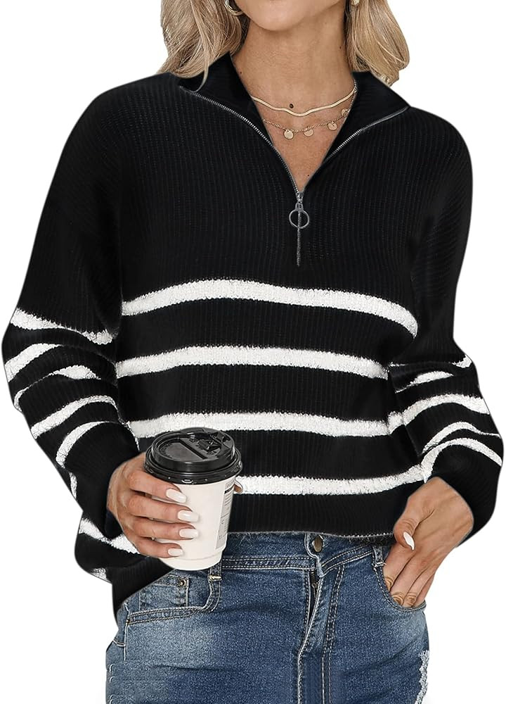 LANISEN Women's Striped Sweater Half Zip Long Sleeve V Neck Knitted Pullover Sweaters Tops Fall W... | Amazon (US)