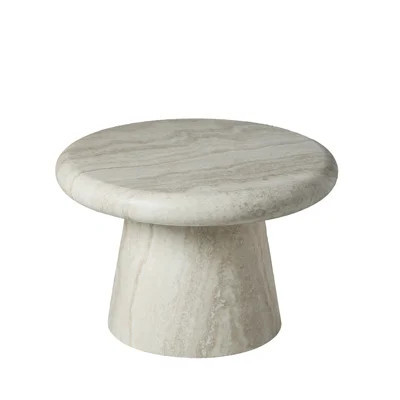 Round Fiberglass Travertine‑Print Coffee Table, Beige Stone‑Effect Low‑Profile Accent Table with Integrated Cylinder Base, No‑Assembly Sculptural Side | Wayfair North America