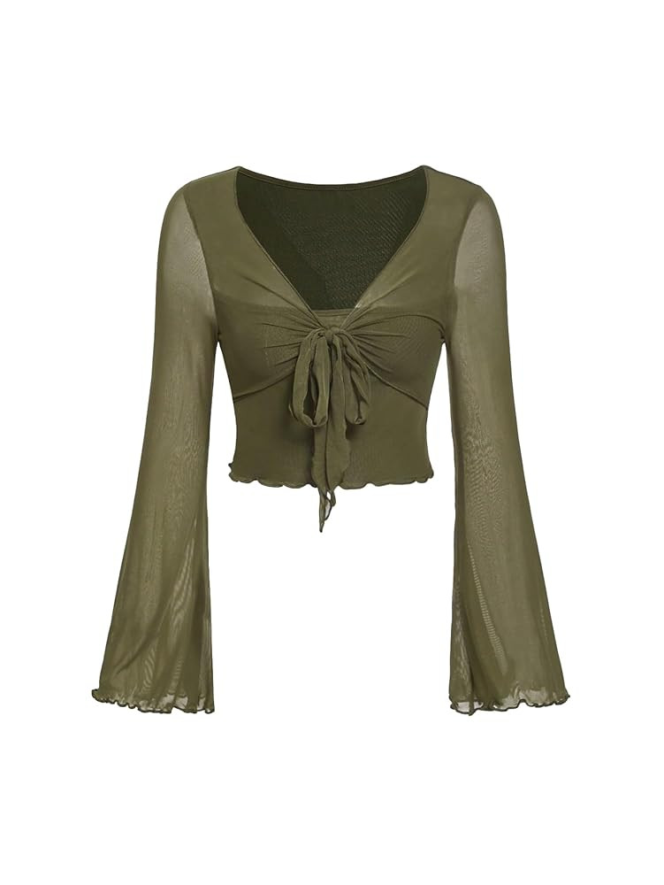 GORGLITTER Women's Tie Front Long Bell Sleeve Tops Ruched V Neck Sheer Mesh Tops | Amazon (US)