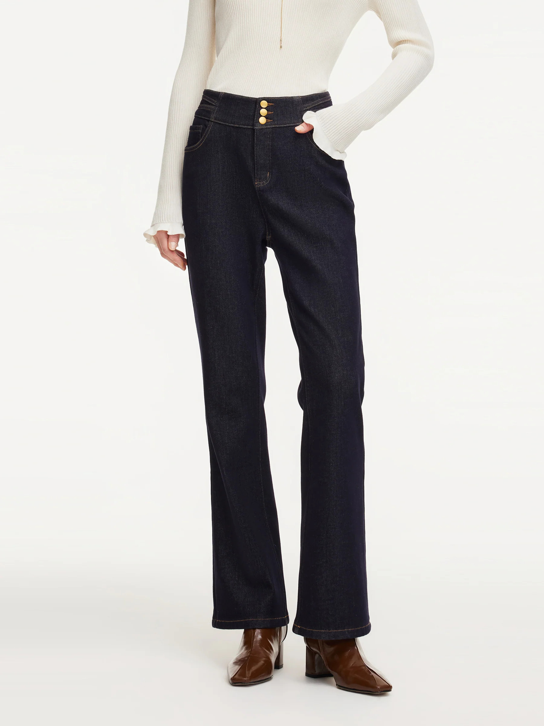 Denim High-Waisted Stretch Fleece Lined Women Micro-Flared Jeans | GOELIA