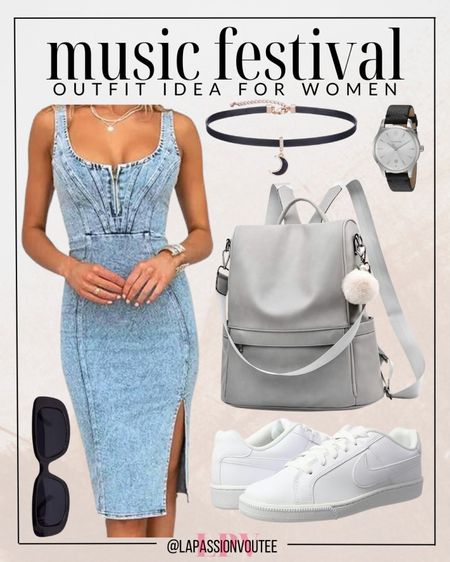 Elevate your festival style with a denim bodycon dress paired with a sleek black choker and statement sunglasses. Keep it chic and functional with a classic watch, a trendy leather backpack, and comfy white sneakers. Rock the rhythm in style and comfort! 🎶

#LTKstyletip #LTKfindsunder100 #LTKFestival