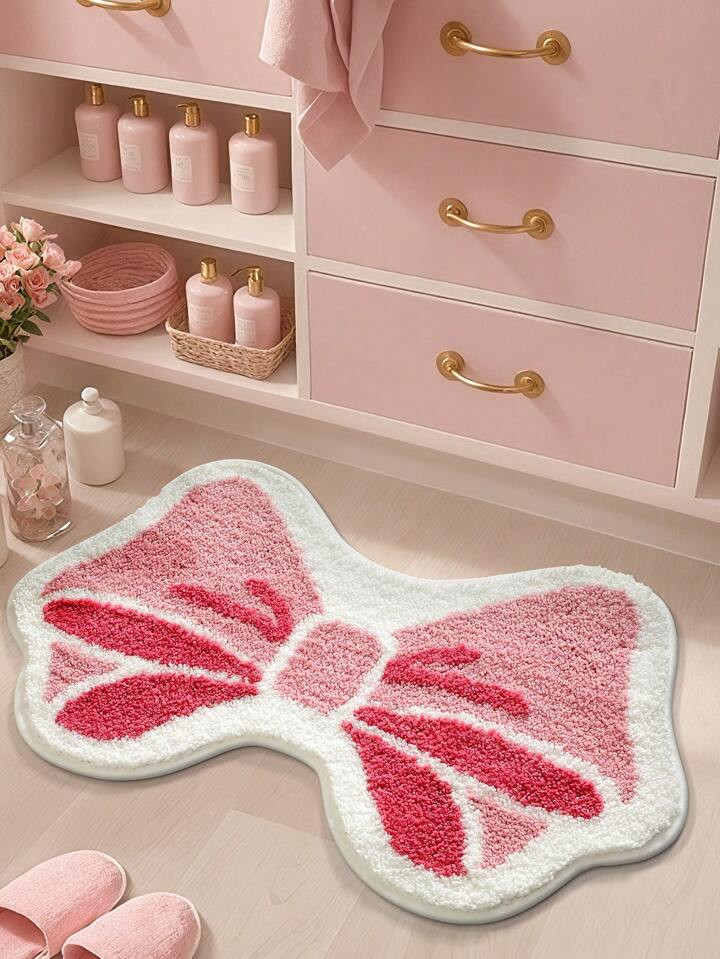 1 Peça - Tapete De Banheiro Rosa Fofo, Estilo Laço, Padrão Geométrico Macio, Tapete De Banheiro Rosa De Casal Ultramacio E Espesso, Parte Inferior Antiderrapante De TPR, Absorvente De Água, Fácil De Limpar, Lavável Em Máquina, Macio E Confortável, Sala De Estar, Banheiro, Lavatório, Box De Chuveiro, Pia, Decoração De Banheiro Doméstico Para Festival, Tapete De Entrada Externo, Acessórios De Verão Para Banheiro | SHEIN