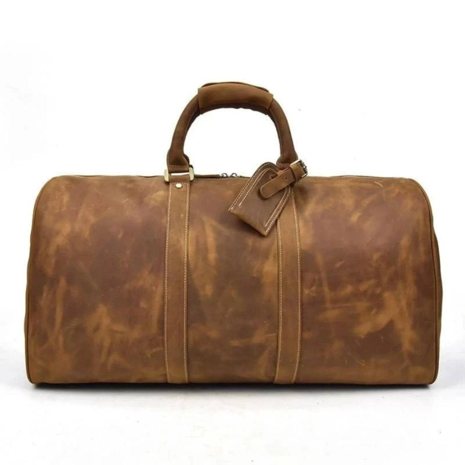 Brown handcrafted leather weekender duffel bag