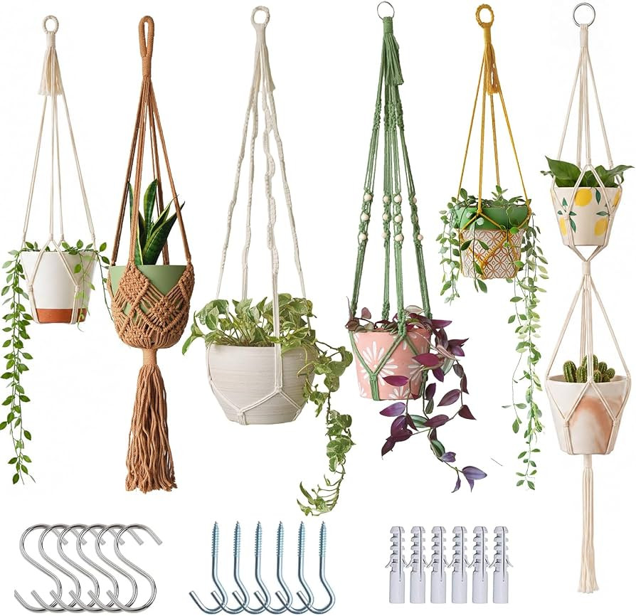 Bouqlife 6 Pack Macrame Plant Hangers Set with Hooks Indoor Hanging Planters with Patterns Handma... | Amazon (US)