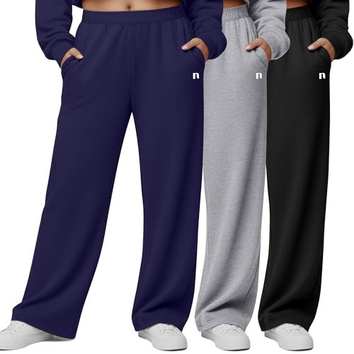 Neer 3 Packs Women's Plus Size Wide Leg Sweatpants High Waist Elastic Waistband Lounge Pants with Pockets(Black, Light Mixed Gray, Navy Blue,XX-Large) | Amazon (US)