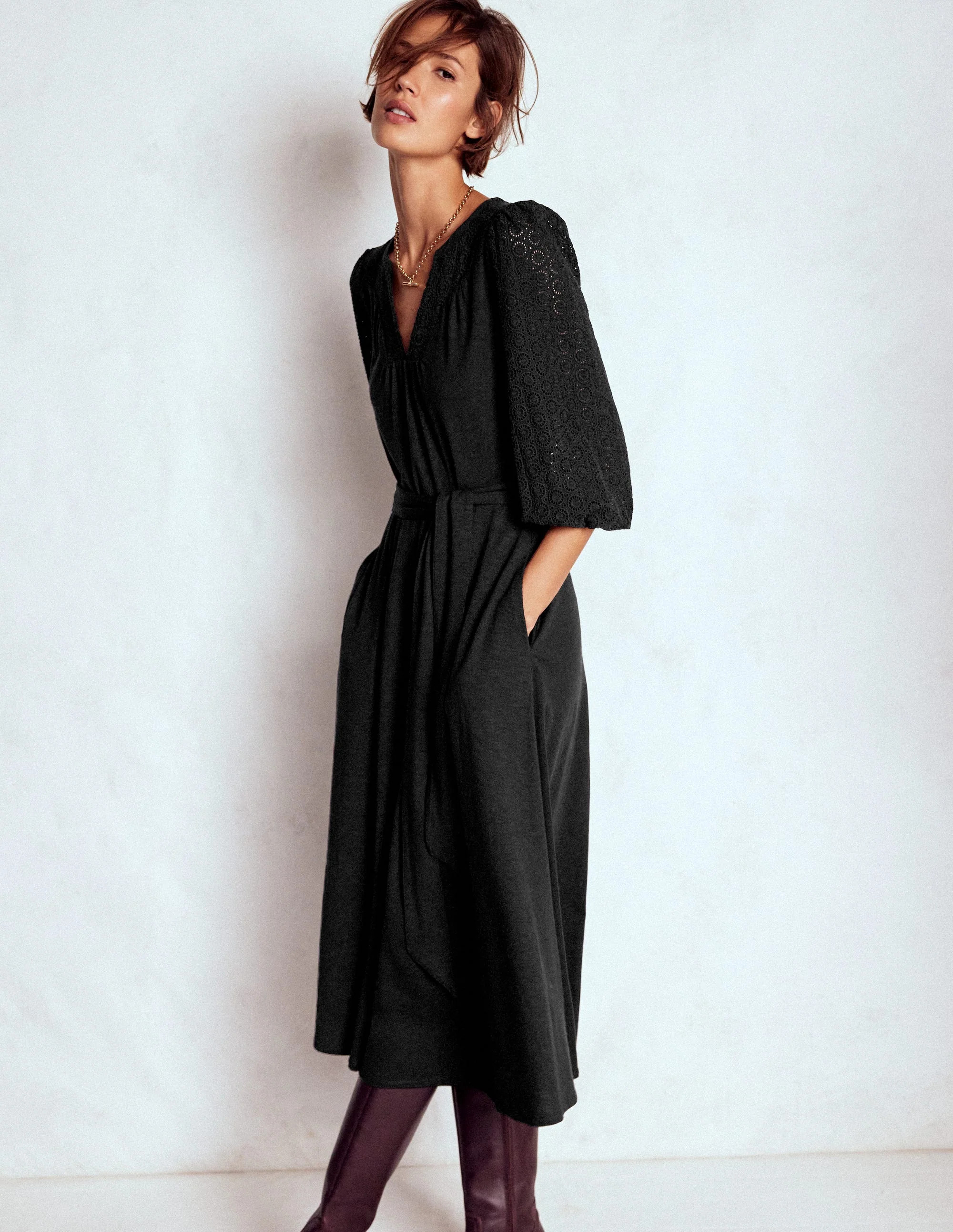 Eden Broderie Jersey Dress-Black | Boden UK