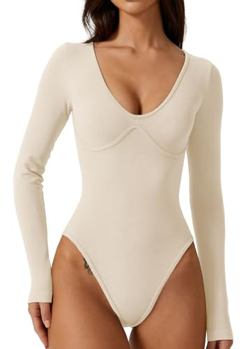 QINSEN Women's Sexy V Neck Bodysuit Long Sleeve Bodycon Stretch Plunge Shirt Tops | Amazon (US)