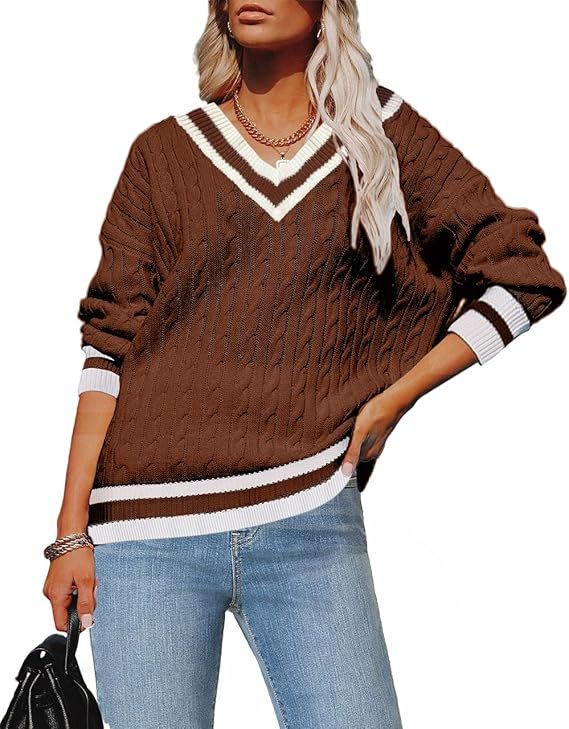 Jollycode Women's V Neck Pullover Sweaters Long Sleeve Cable Knit Casual Loose Chunky Jumper Tops | Amazon (US)