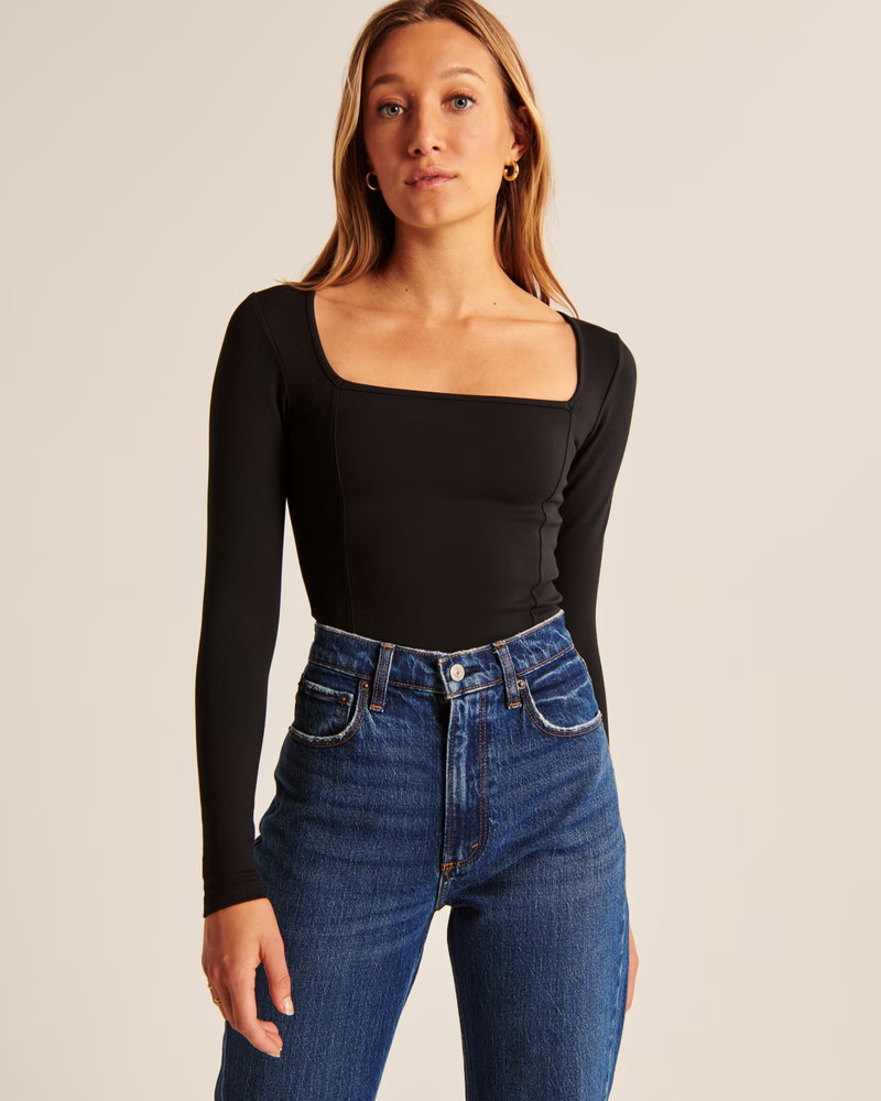 Long-Sleeve Ponte Squareneck Seamed Bodysuit | Abercrombie & Fitch (US)