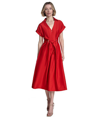 Women's Zip-Front Cuffed-Sleeve Midi Dress | Macy's