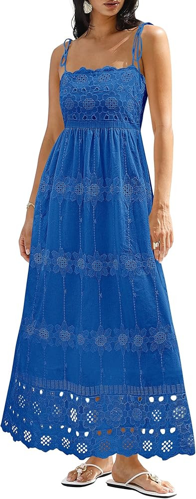 dowerme Womens Summer Maxi Dresses 2026 Casual Spaghetti Strap Smocked Eyelet Cotton Dress Long B... | Amazon (US)