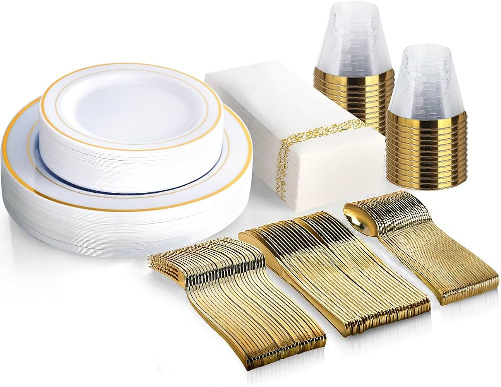 M MCIRCO 175 Piece Gold Dinnerware Set - 50 Gold Rim Plastic Plates - 25 Gold Plastic Silverware ... | Amazon (US)