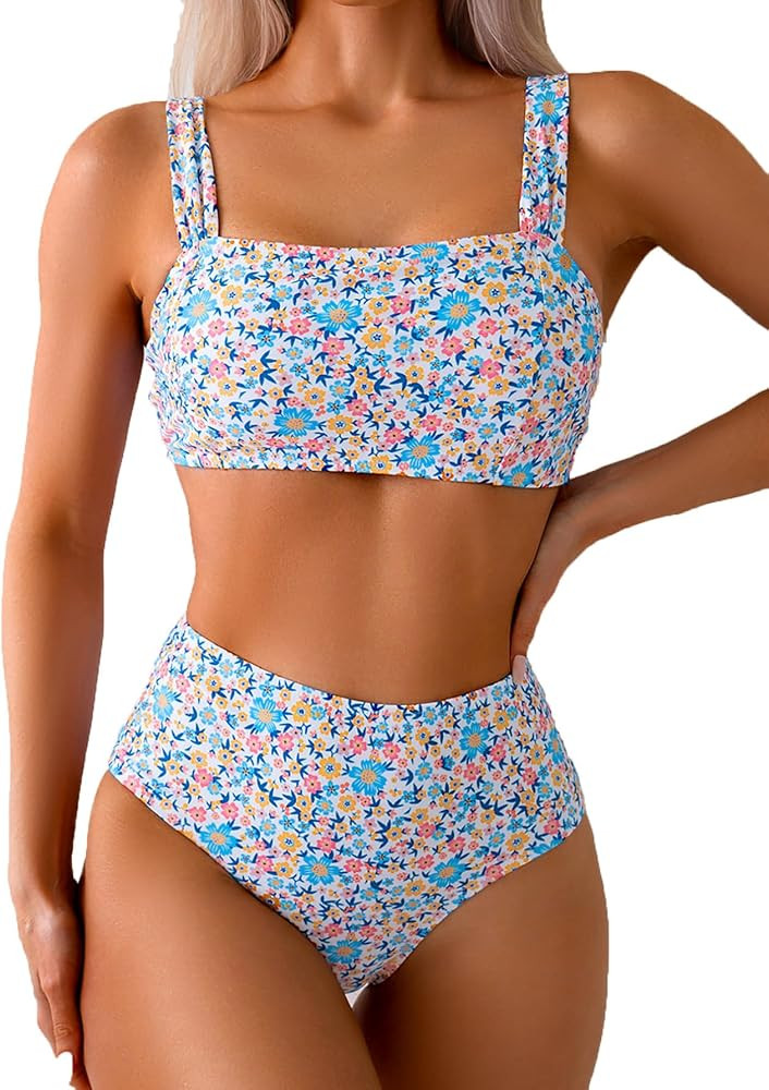 Fanuerg Women's High Waisted Bikini Sets Wide Straps Two Piece Swimsuit Floral Print Bathing Suit... | Amazon (US)