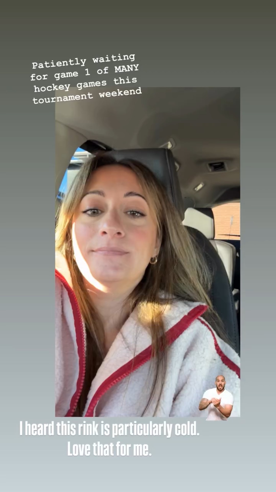 Patiently waiting for game 1 of MANY hockey games this tournament weekend I heard this rink is particularly cold. Love that for me.