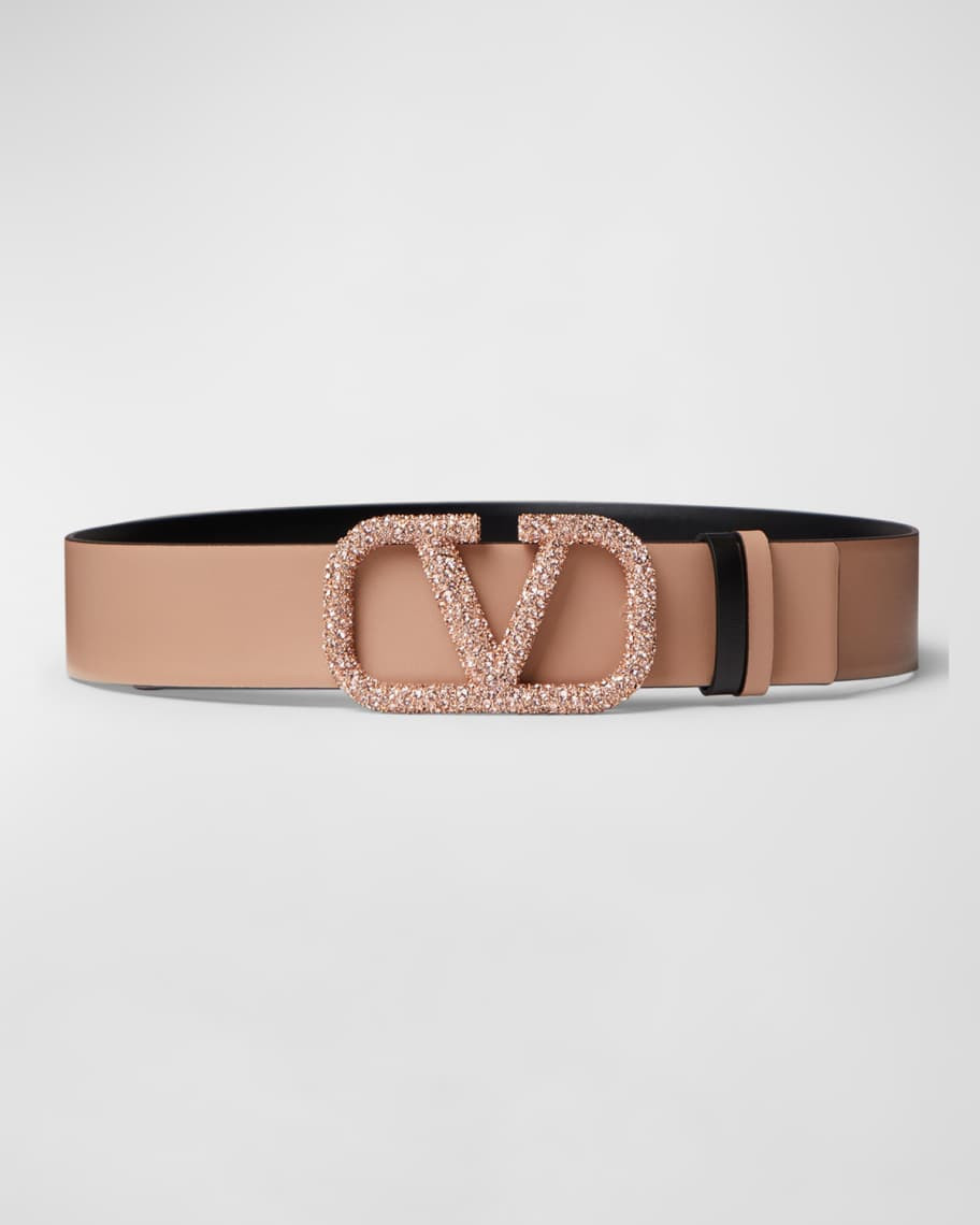 Valentino V-Logo Signature Reversible Crystal & Leather Belt | Neiman Marcus