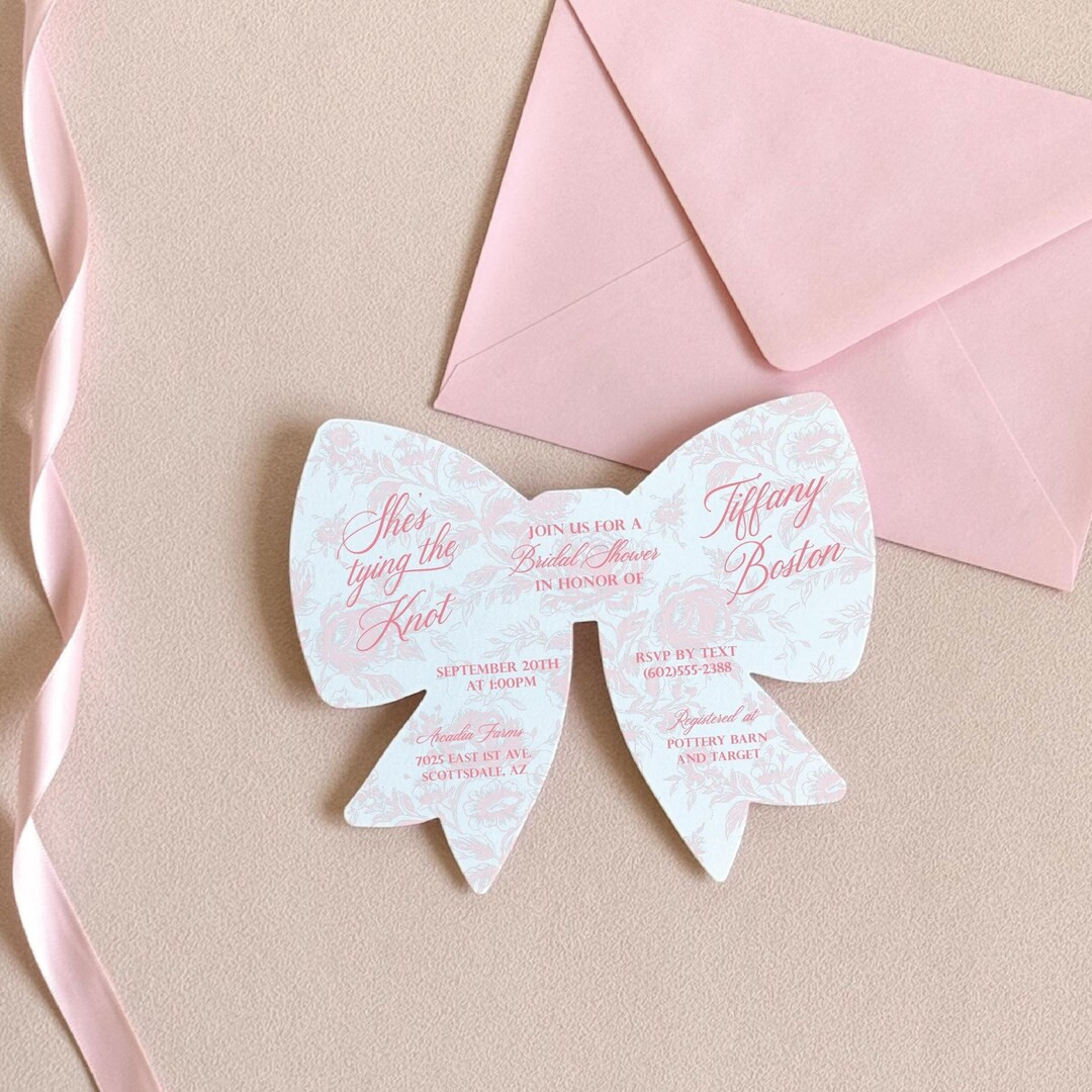 Pink Toile Bridal Shower Invitation Bow Shape Bridal Shower Invite Blush Elegant Coquette Theme B... | Etsy (US)