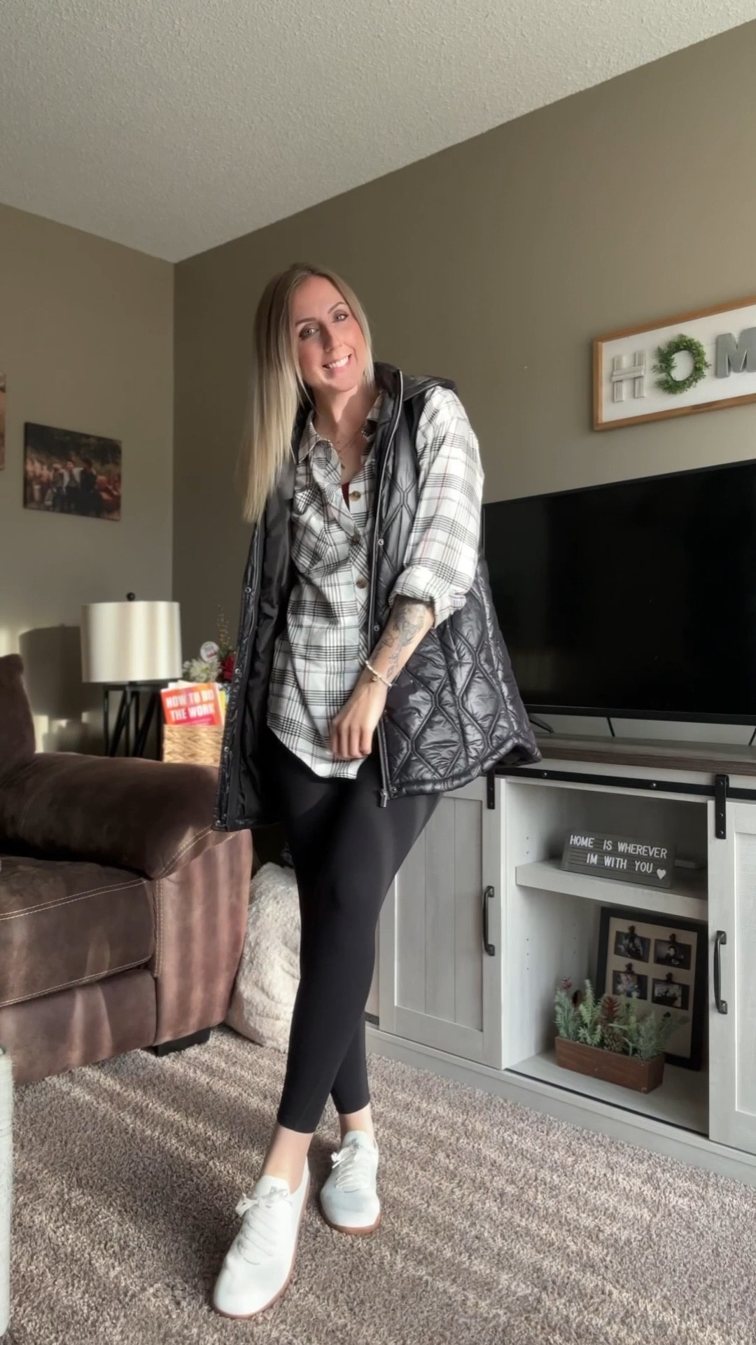 Wearing medium in leggings,
Small in vest and plaid

#LTKmomlife #LTKActive #LTKStyleTip