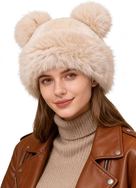 Women's Winter Faux Fur Hat - Warm Furry Beanie with Pom Pom Fisherman Cap Casual Trendy Mongolia... | Amazon (US)