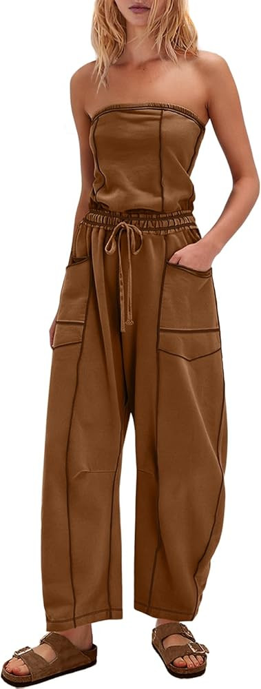 Womens Strapless Jumpsuits Off the Shoulder Tube Top barrel Overalls Loose Fit Romper with Pocket... | Amazon (US)