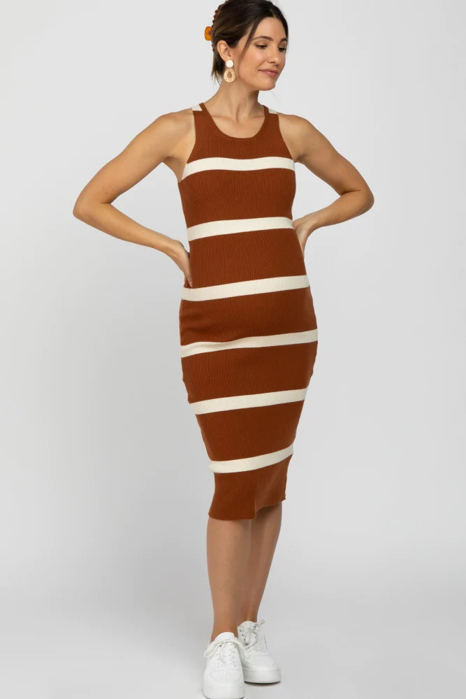 Rust Striped Sleeveless Sweater Maternity Midi Dress | PinkBlush Maternity