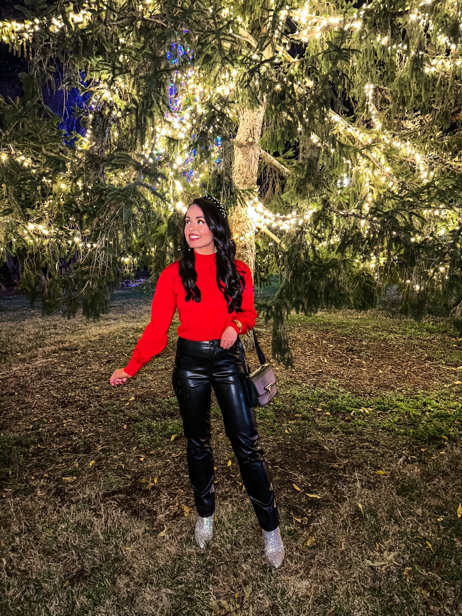 Under $50 amazon leather pants (small, multiple colors), under $50 amazon red cutout back sweater (small, 5+ colors), under $10 amazon pearl headband set and under $50 target sparkly booties — a perfect christmas outfit ! #founditonamazon 

#LTKfindsunder50 #LTKshoecrush #LTKHoliday