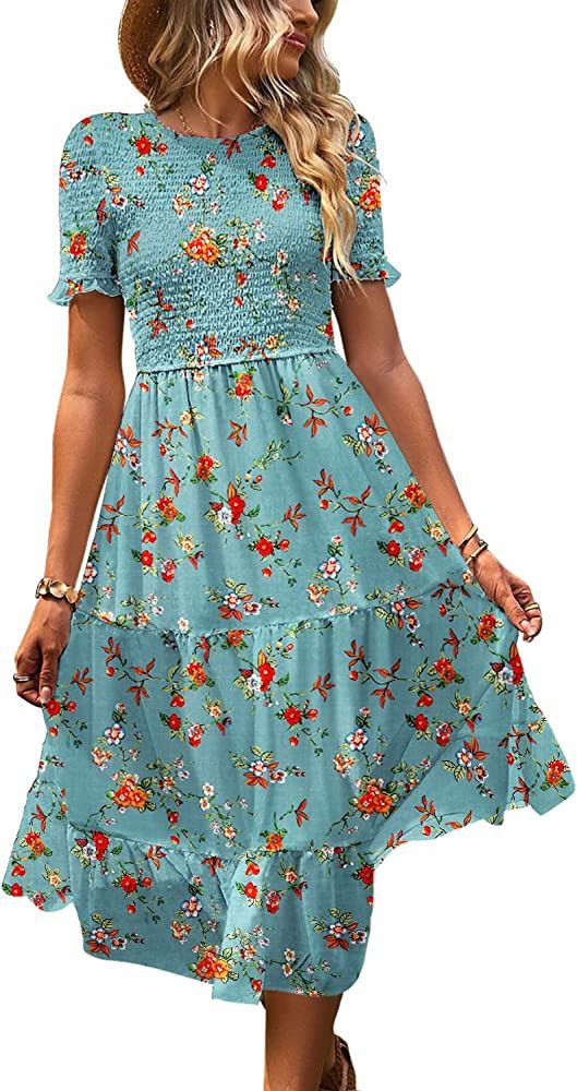 YESNO Women's 2023 Summer Causal Short Sleeve Smocked Dress Elastic Waist Tiered Midi Dress with ... | Amazon (US)