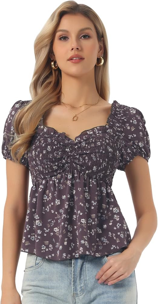 Allegra K Puff Short Sleeve Floral Blouse for Women's Sweetheart Neck Shirred Ruffle Peplum Top | Amazon (US)