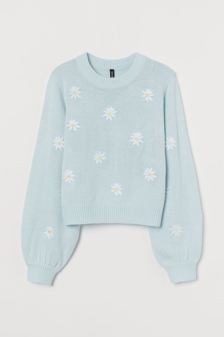 Soft, knit sweater with embroidery. Round neckline, long, wide sleeves, and ribbing at neckline, ... | H&M (US + CA)
