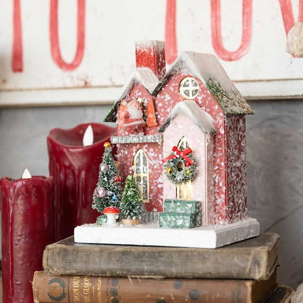 Lighted Red Santa Village House | Antique Farm House
