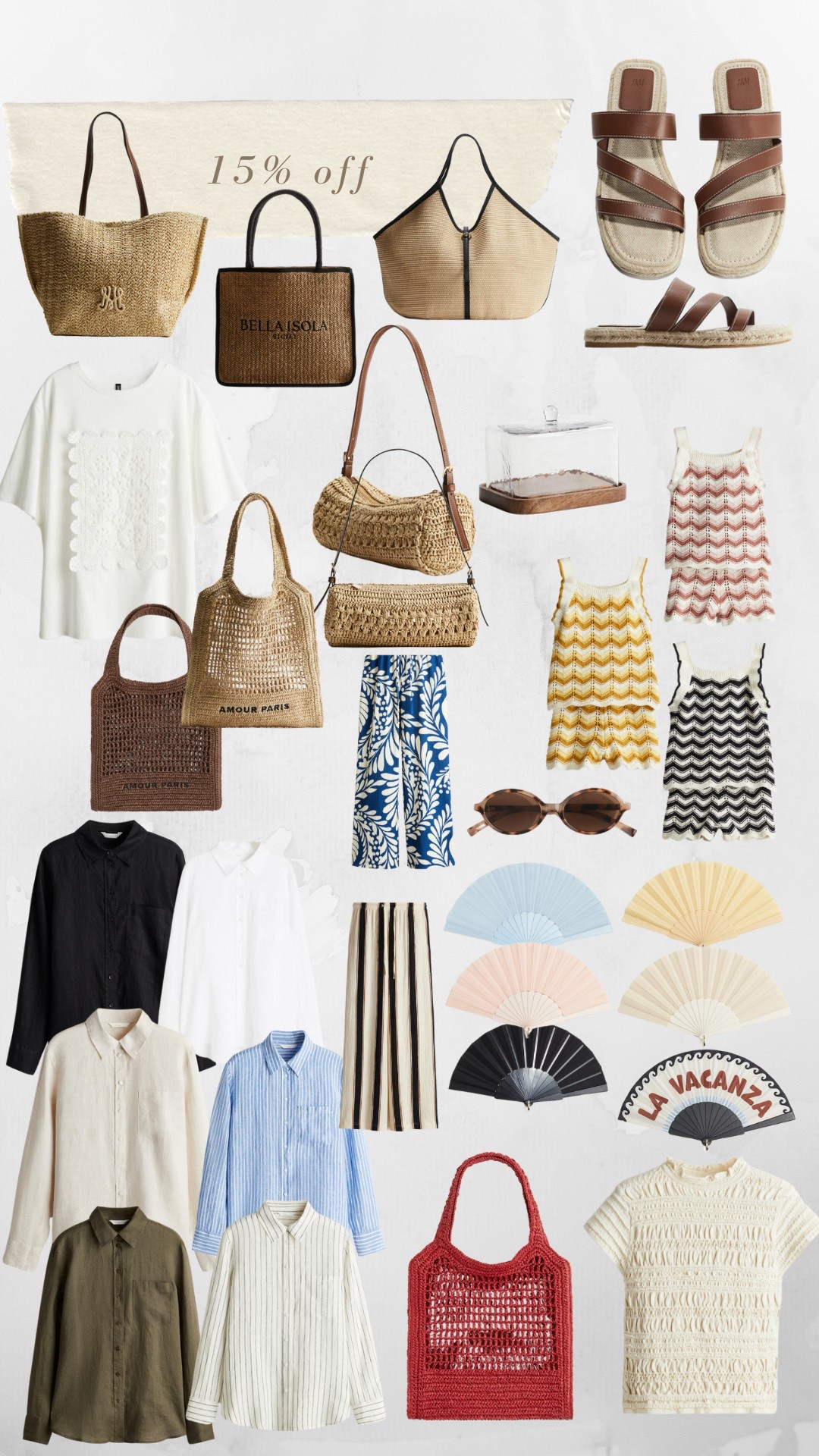 H&M 15% off 

Beach bags, straw bag, raffia bag, linen shirt, fans, kids crochet outfit, crochet T, sunglasses, butter dish, tan sandals 

#LTKsummer #LTKspring
