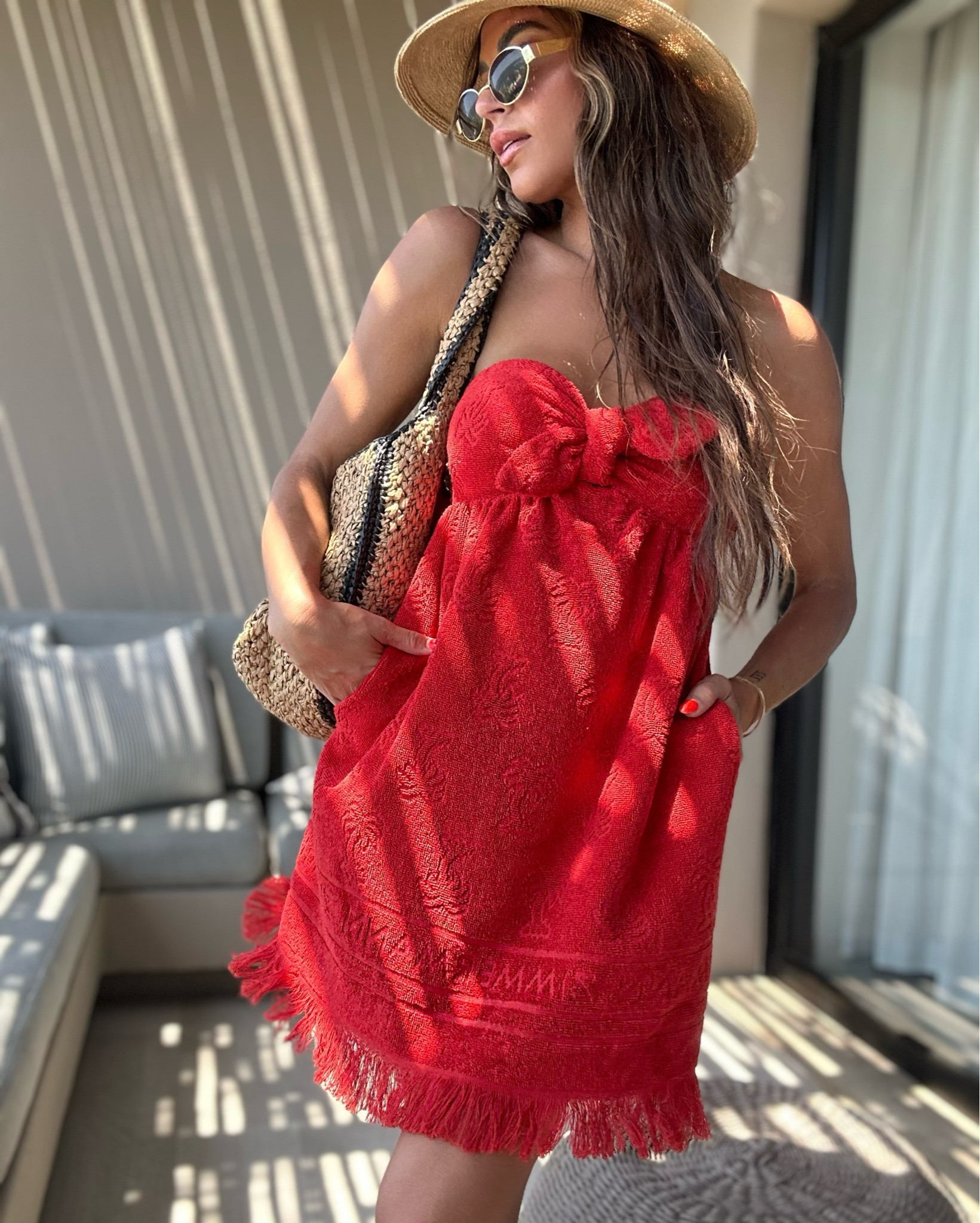 Another resort purchase I could not pass up this Zimmerman dress that also can be worn as a cover-up. It’s strapless Terri cloth and has pockets. I’m wearing the size 0 and it fits perfectly. It has a rubber back that helps keep the dress sitting exactly where it needs to be and it has a very cute trim on the bottom, the bright color red is absolutely stunning. I got so many compliments on this outfit.