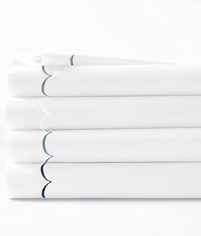 Mélange Home 600 Thread Count Sateen Cotton Scallop Embroidered Sheet Set Queen, Blue on White (... | Amazon (US)