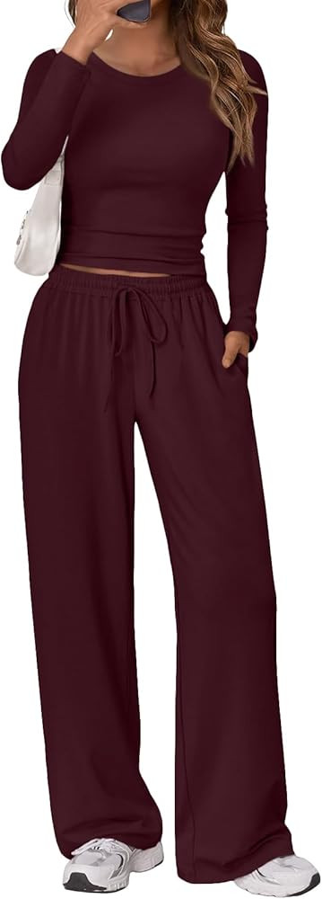Trendy Queen Women's 2 Piece Matching Lounge Set Long Sleeve Slightly Crop Top Wide Leg Pants Cas... | Amazon (US)