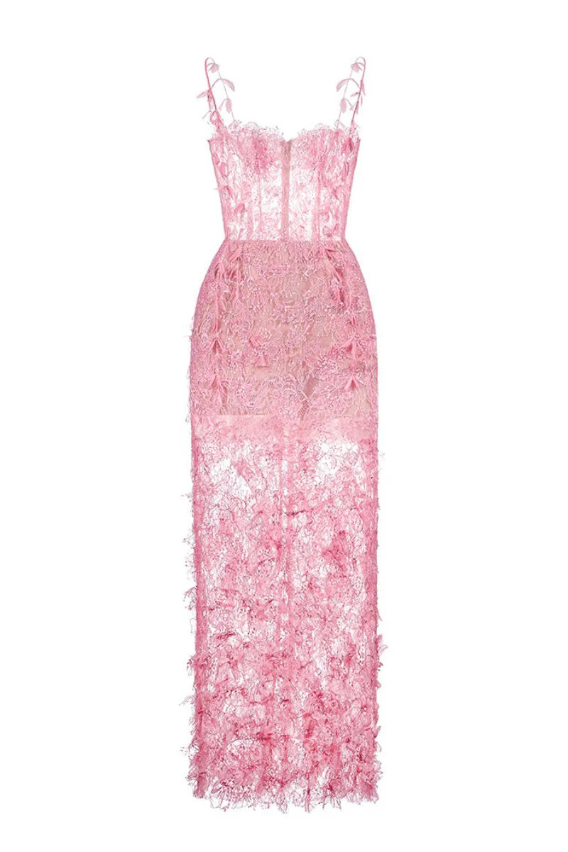 PINK BEADED LACE PENCIL MIDI DRESS | Montsand | CULT MIA | CULT MIA UK LTD