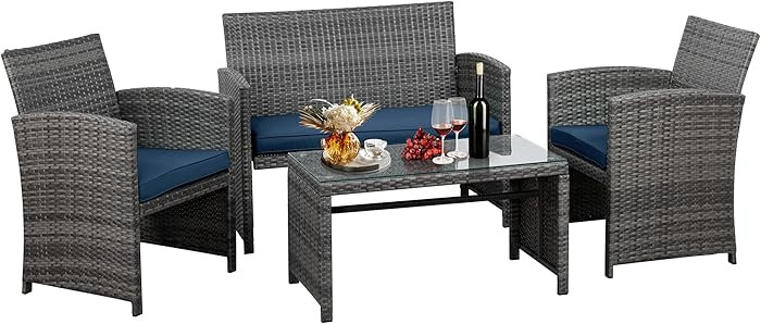 4 Piece Outdoor Patio Furniture Set, Outdoor Wicker Rattan Chairs Conversation Sets with Cushions & Coffee Table for Outside, Garden, Balcony, Porch, Dark Blue | Amazon (US)